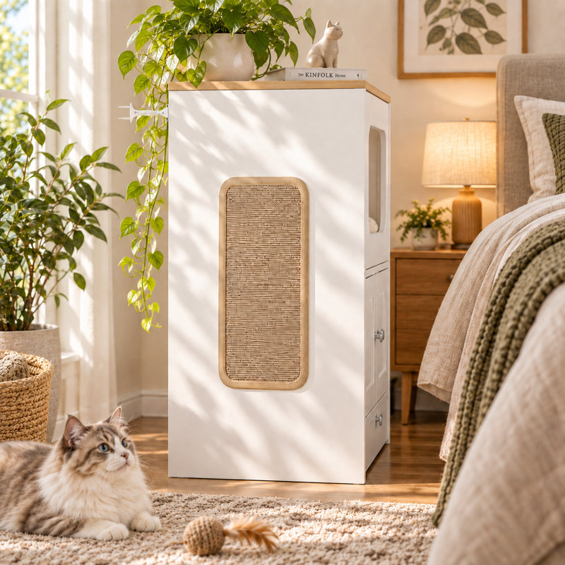 Meuble pour chat de 31,5 po de hauteur avec station d'alimentation extensible, grattoir et marches d'escalade