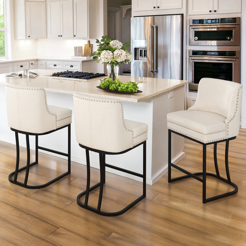 Donicia 26'' H Upholstered Metal Counter Stools (Set of 2), Faux Leather/Ivory, 3