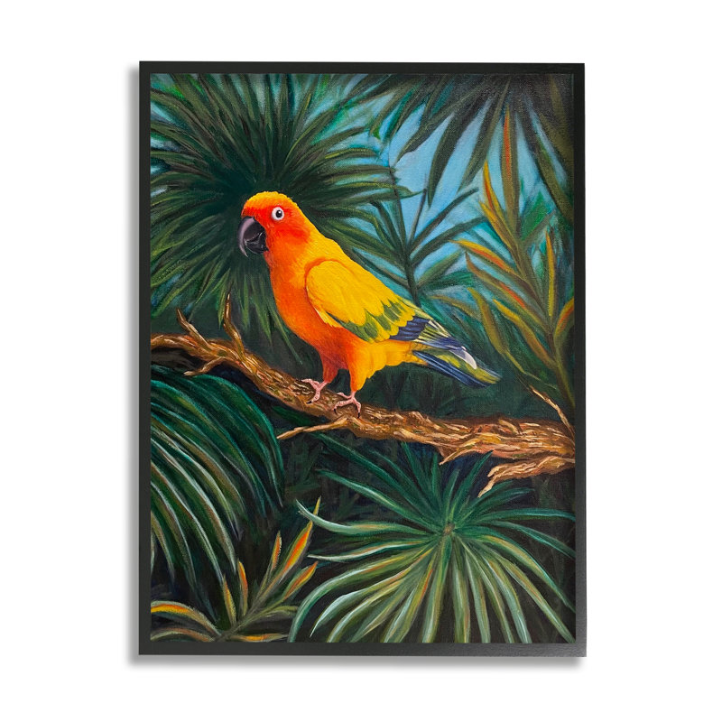 «Parrot in Tropical Trees» par Rhiannon englert - impression d'un cadre photo sur bois, Giclée encadrée noir minuit