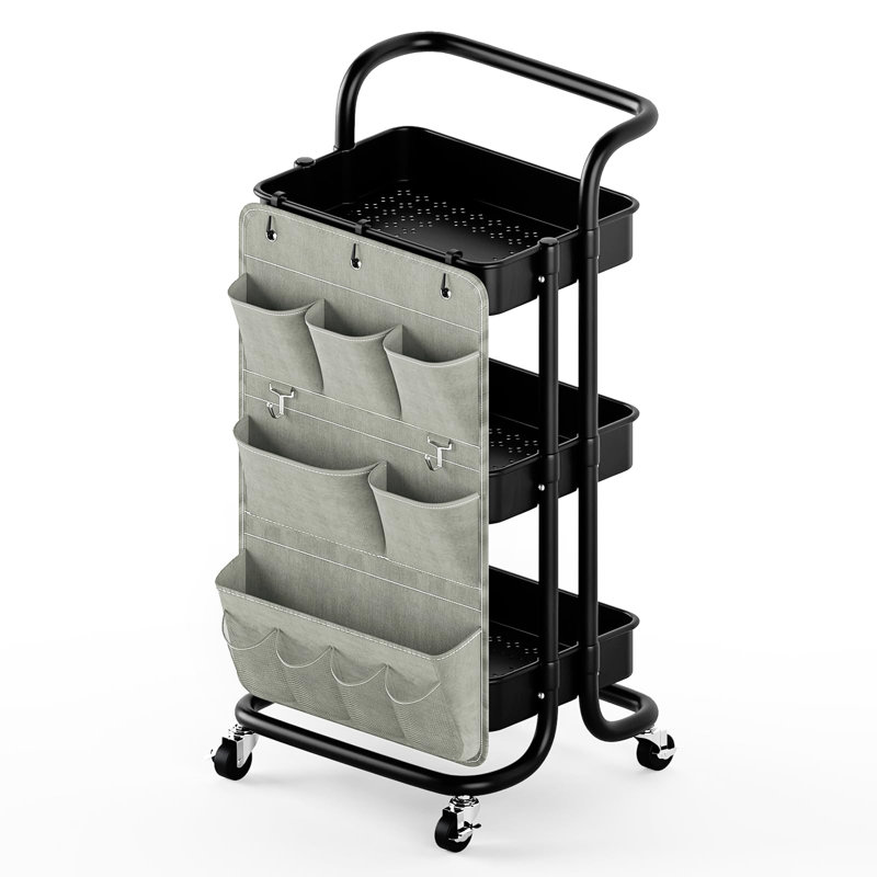 3 Tier Utility Rolling Cart with Side Bags and 9 Hooks