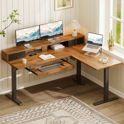 Height-Adjustable L-Shaped Standing Desk with Fabric Drawers, Electric Corner Computer Desk with Keyboard Tray,Home Office Desk with Space-Saving Work Surface,Stand-Up Desk with Monitor Stand