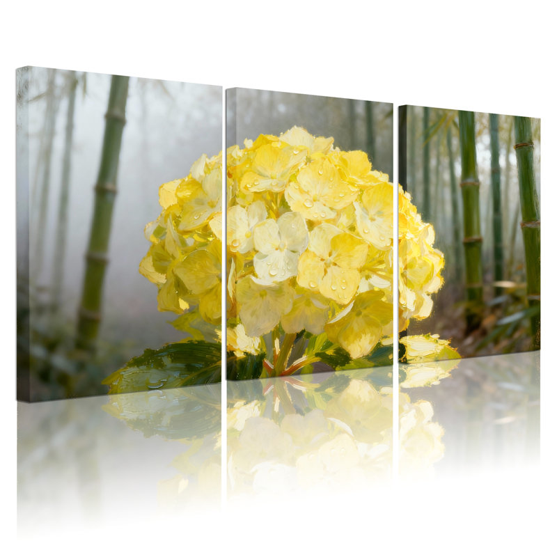 Reproduction de photo de nature (ensemble de 3), art de l'hortensia jaune et forêt de bambou, H 18 po x l 36 po