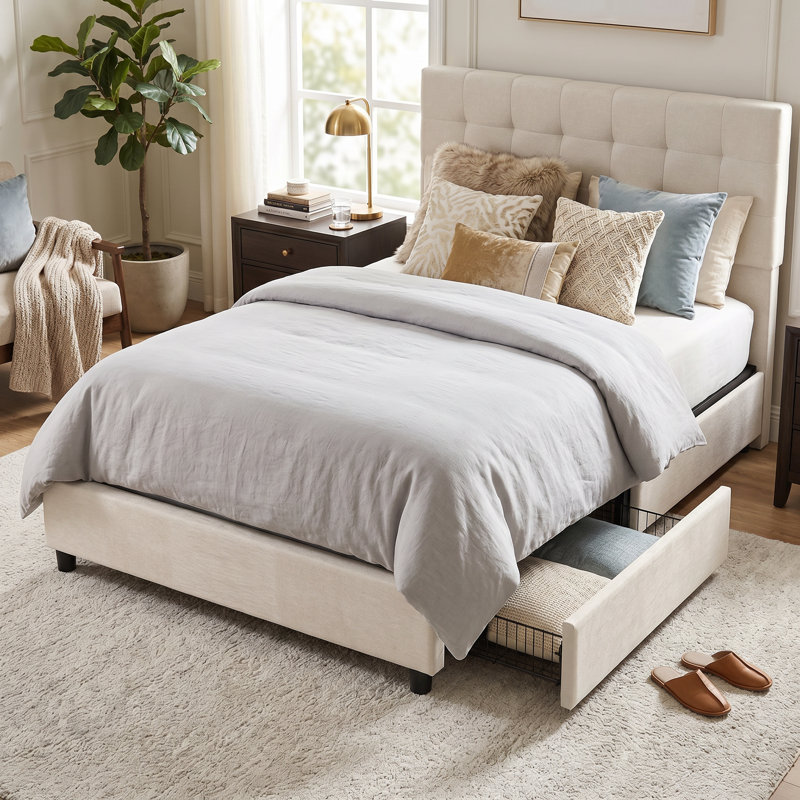 Grand lit tapissier avec 4 tiroirs de rangement, tête de lit capitonnée en velours, sans sommier, QUEEN, Beige