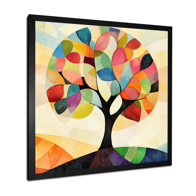 Art abstrait arbre mural, toile nature minimaliste, cerisier, H 16 po x l 16 po, Black Picture Framed