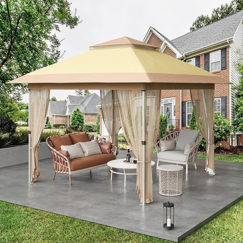 10x10 ft Pop-Up Canopy Gazebo with Mosquito Netting & Curtains, 2-Tier Vented Top, UPF 50+ UV Protection for Patio, Backyard, Party, Camping