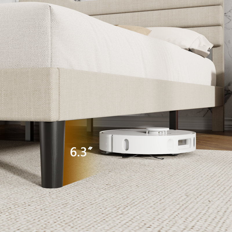 Upholstered Bed Frame with 2 Storage Drawers, Modern Queen Platform Bed with Charging Station & LED Light, No Spring Box Needed