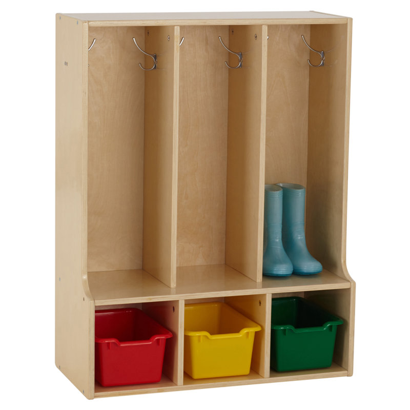 ECR4Kids Streamline 3-Section Toddler Coat Locker with Bench, Classroom Furniture, Natural