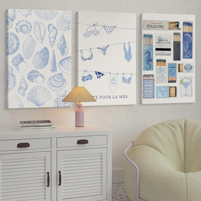 3Pcs Trendy Coastal Canvas Wall Art Blue Seashell Bikini Coquette Matchbox Painting Wall Decor Coastal Granddaughter Aesthetic Poster Print For Living