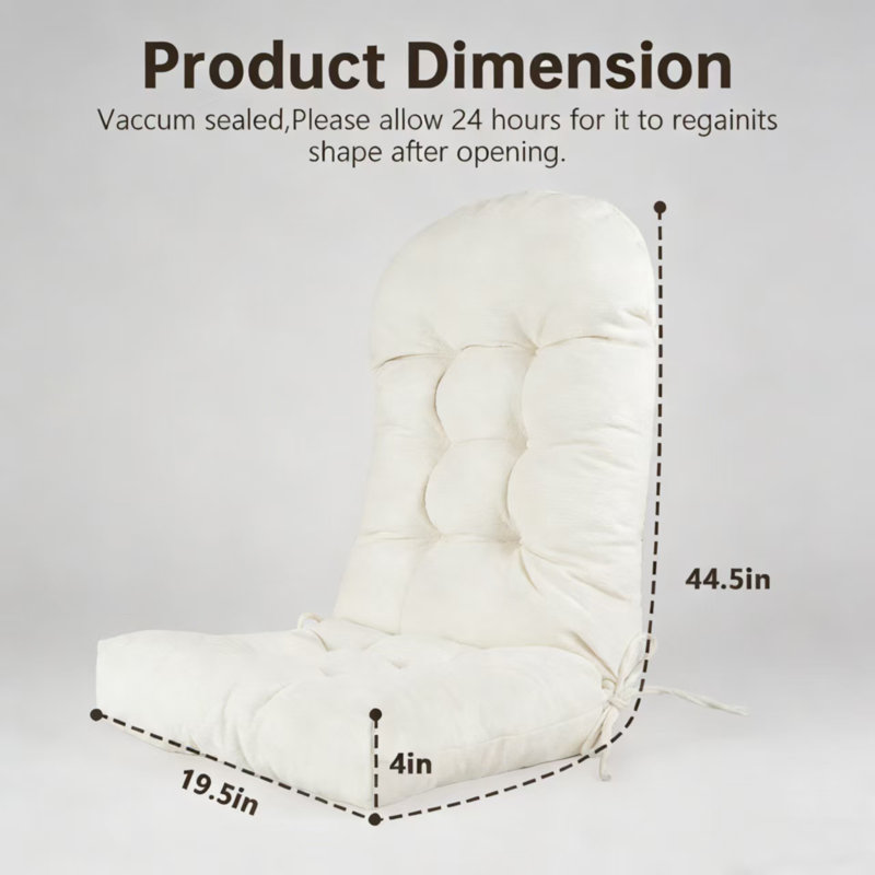 Adirondack or Rocking Chair Cushion,Indoor High-Back Rocking Chair Cushion with Non-Slip Base,Straps,and Elastic Band 44"x19"x4" Beige