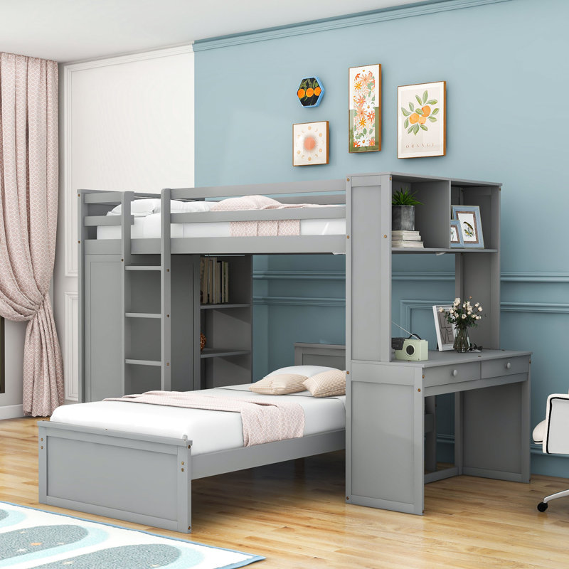 Lit superposé simple en bois 2 tiroirs avec bureau intégré et tablettes Curt Kids, gris