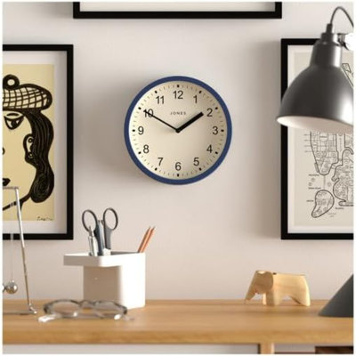 JONES CLOCKS The Spin - Small Round Wall Clock - Modern Indigo Blue Quartz Clock - Kitchen Living Room Office Decorative Home Accessory - Battery Powered