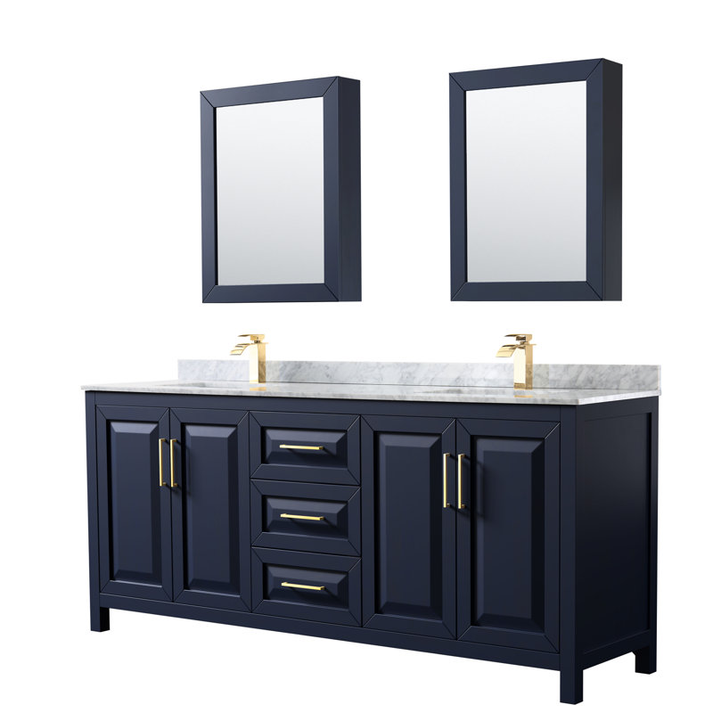 Daria 80'' W Double Vanity, Brushed Gold, Carrara Cultured Marble, Dark Blue