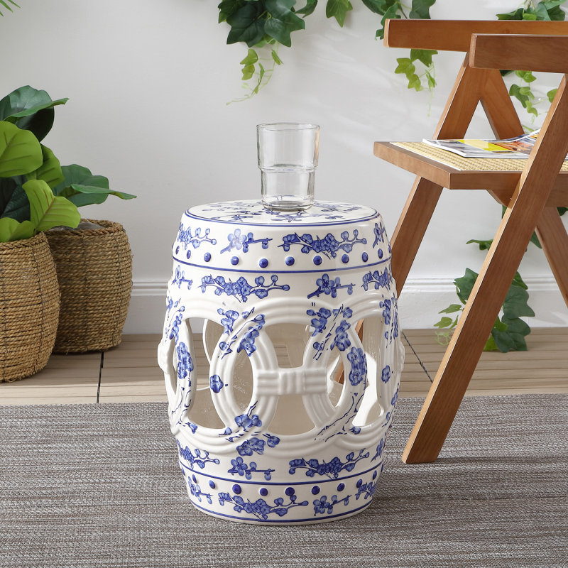 Lucky Coins - Tabouret de jardin en forme de tambour à anneaux emboîtables en céramique bleus / blancs 16 po, table d'appoint intérieure et extérieure, siège et support pour plante