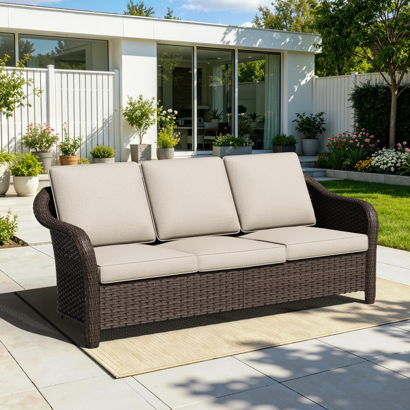 Canapé d'extérieur en osier 3 places avec coussins de 4 po beige, Beige
