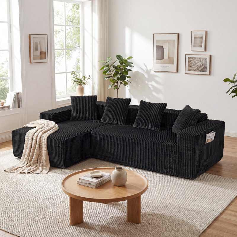Modern Oversized Corner Sofa L-Shaped Corduroy Sofa With Storage Pockets , Black, Left Hand Facing