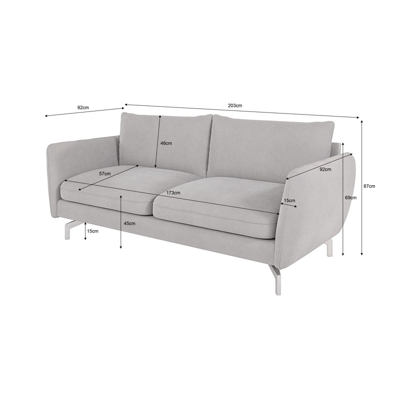 Modern Sofa 3 Seater  with Silver Metal Legs, Silver
