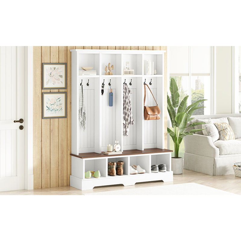 Farmhouse Hall Tree with 8 Hooks, Practical Entryway Bench with Open Compartments, White