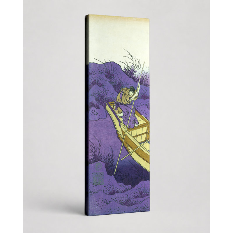 Bateau sur un étang de lotus - grande toile d'art mural, L 16 po x H 48 po