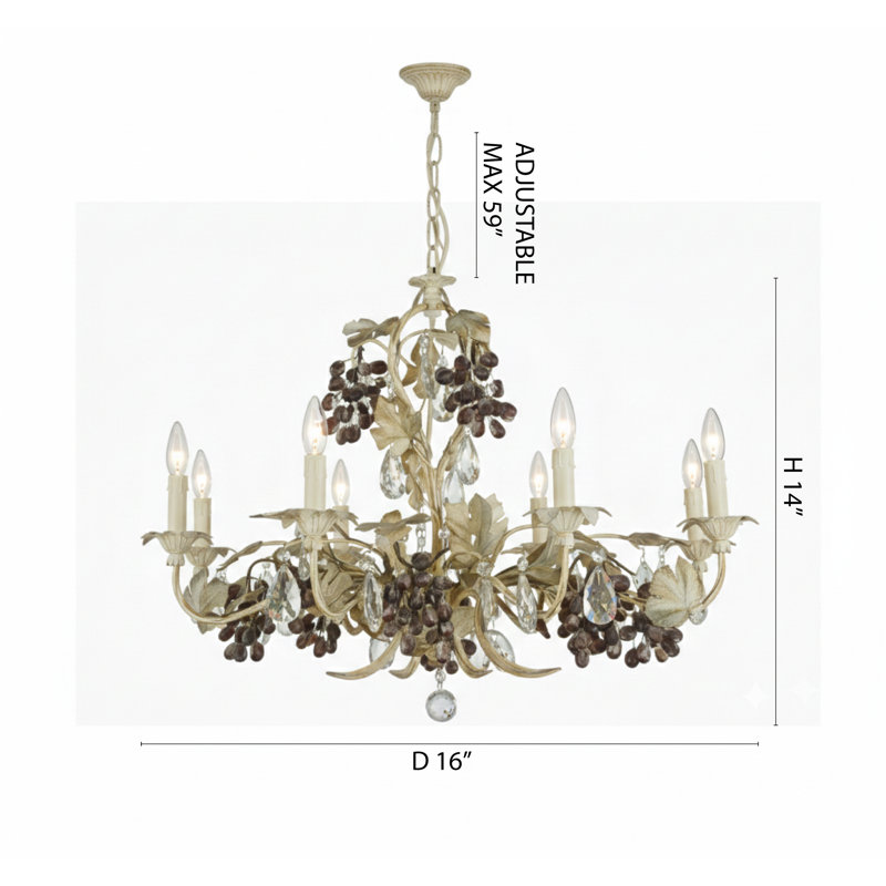 Lustre traditionnel vert clair 8 lumières avec accents de cristal transparent