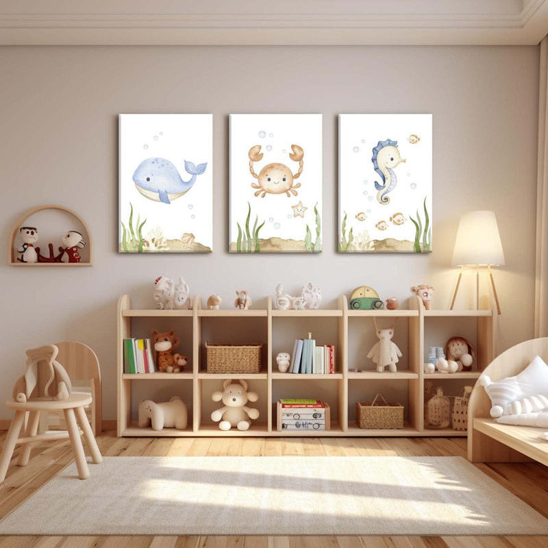 Ocean Nursery Decor, Set Of 3, Framed Canvas Prints, Under The Sea, Room, Kids Bathroom, Bedroom Wall Art, 40 cm H x 90 cm W