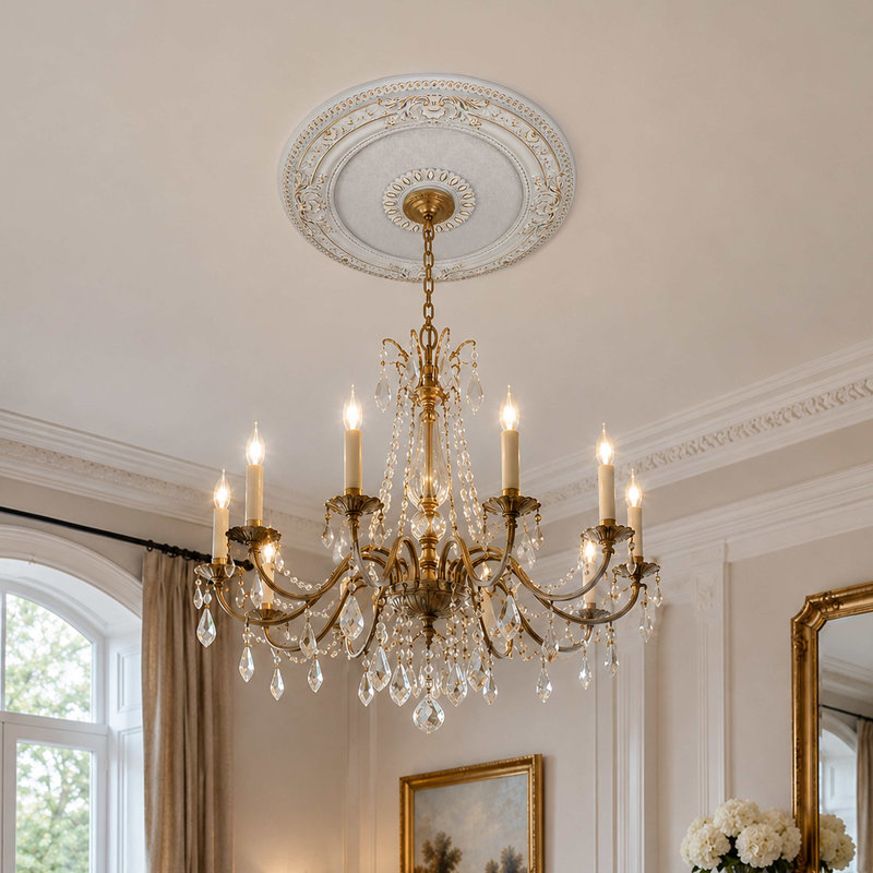 White and Gold Damask Round Ceiling Medallion 24 inch