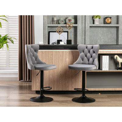 Tabourets de bar pivotants en velours à hauteur réglable de 25 à 33 pouces, base de 17,7 pouces, tabourets de bar rembourrés modernes avec dossier capitonné et confortable pour la maison et l'îlot de cuisine, gris, ensemble de 2, AS1812GY