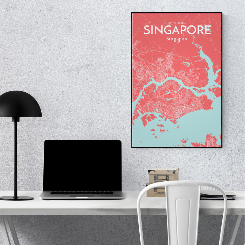 Carte de la ville de Singapour, impression, Rose / bleu pastel, H 36 po x l 24 po