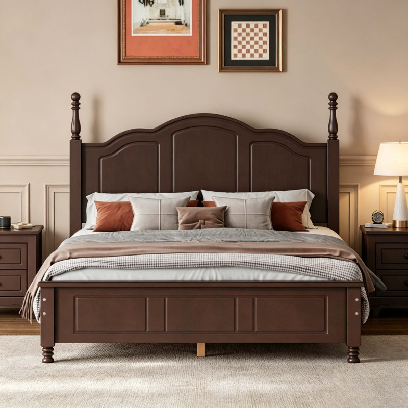 Dark Walnut Full Size Retro Wood Platform Bed Frame with Turned Posts, No Box Spring Needed, Full / Double, Dark Walnut