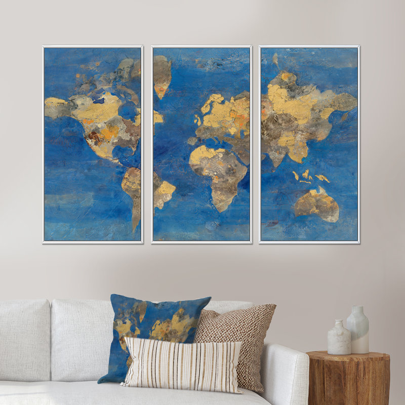 Carte du monde Golden Glam - ensemble d'art mural sur toile traditionnel encadré de 3, 20" H x 36" W x 1" D, Cadre blanc