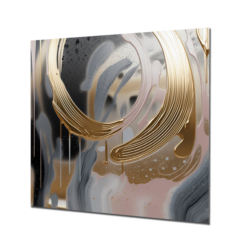 Abstrait doré et rose Infinity Rivers IV - formes abstraites, art mural en métal, H 16 po x l 16 po