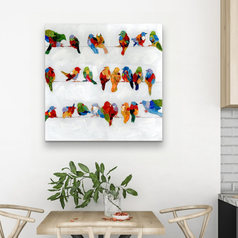 A lot of colorful birds on a wire - 32"x32" art on canvas