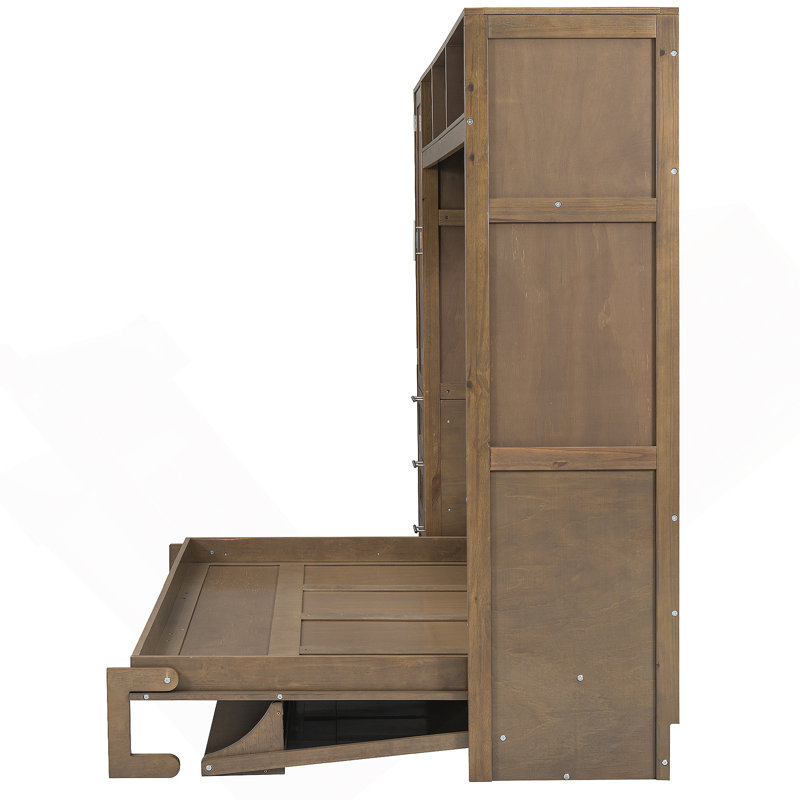 Lit escamotable double avec garde-robe, tiroirs et tablettes ouvertes