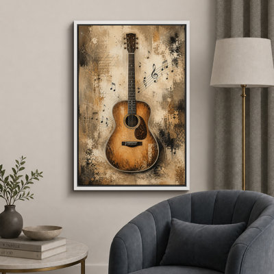 Vintage Acoustic Guitar With Music Notes Artwork, Music Room Pictures, Framed Canvas Giclee Print Wall Art