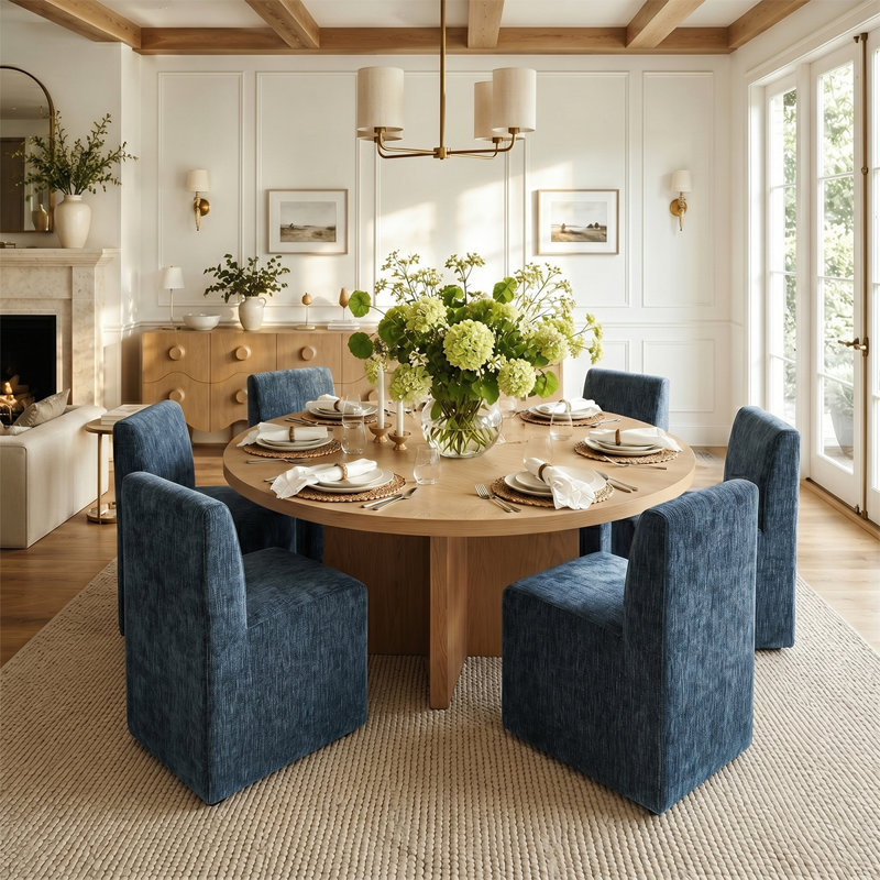 Ensemble de table de salle à manger 7 pièces avec chaises rembourrées entièrement assemblées sur roulettes, Bleu
