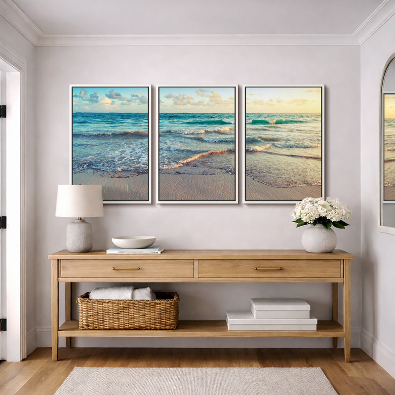 "Coastal Beach", "Sunrise On Ocean Waves Crashing", photos de décor de plage moderne bleu-vert doux, impression sur toile encadrée 3 pièces "16" x 24 "x 3 pièces, 24" x 36 "x 3 pièces