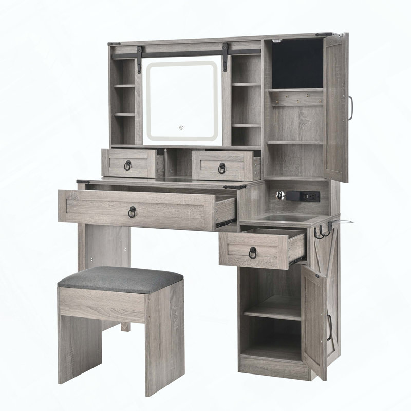 Farmhouse Vanity Desk with Sliding Mirror, Lights, Glass Top, Charging Station and Stool, Gray