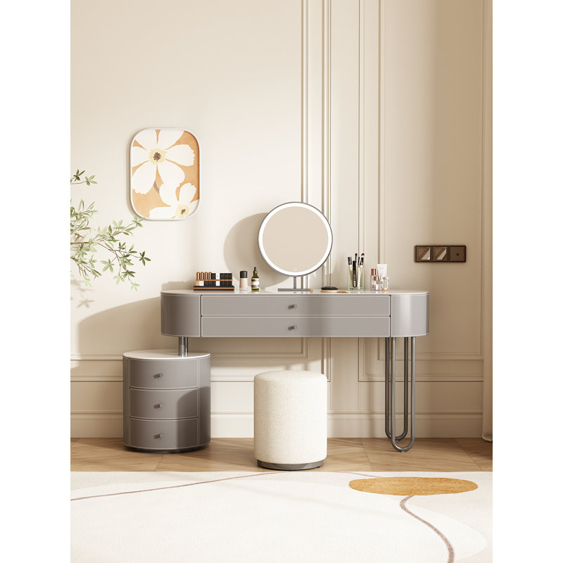 Jahnea Vanity-Elegant Set: Saddle Leather-Finished Top Vanity Table & Stool, Stainless Steel Support, Reversible Installation, and Dimmable LED Mirror