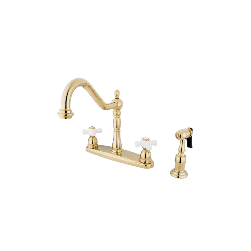 Heritage Double Handle Kitchen Faucet with Side Spray, Polished Brass