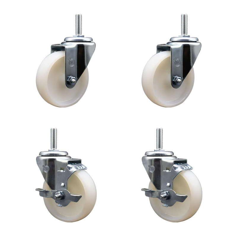 4 Inch_Nylon Wheel Swivel 5/8 Inch Threaded Stem Caster Set 2 Brakes SCC