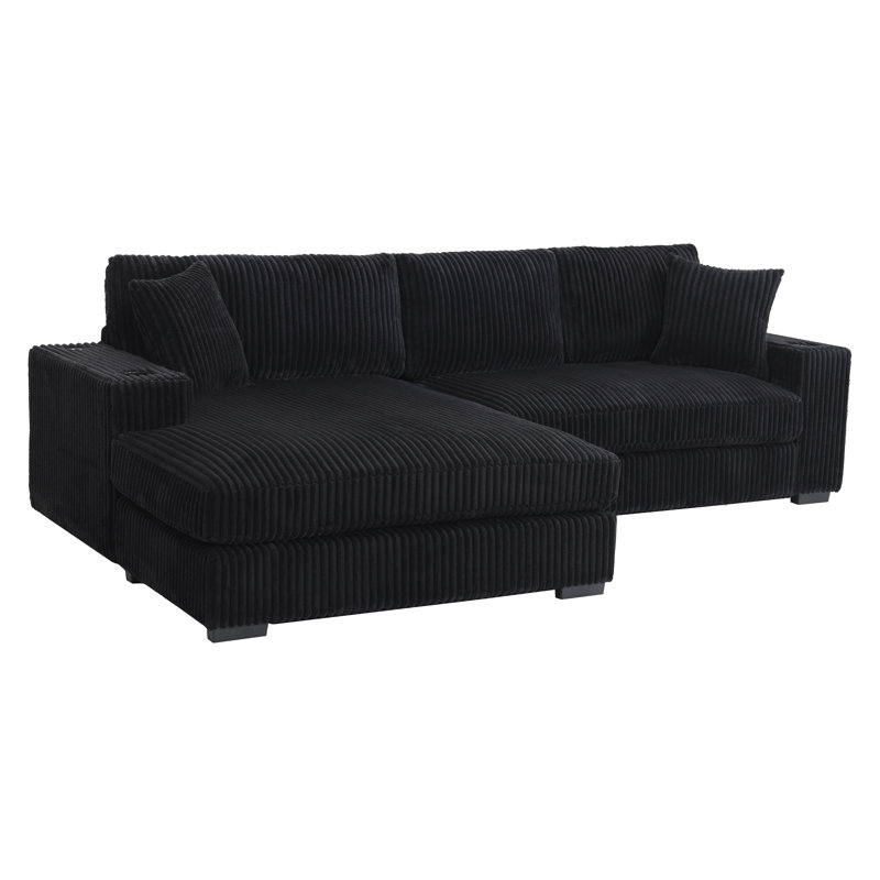 Landry Corduroy Sectional Sofa With Cup Holders & Charging Ports, Black