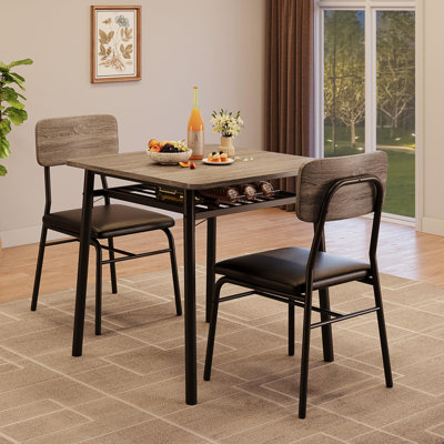 3-Piece Dining Table Set for 2, Small Square Kitchen Table with 2 Padded Chairs, Built-in Storage Rack & Metal Frame, Space-Saving Dinette,Modern Grey