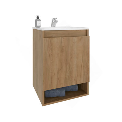 Meuble-lavabo mural Wright avec lavabo, 2 portes, tablette ouverte, lavabo intégré, chêne naturel Wright
