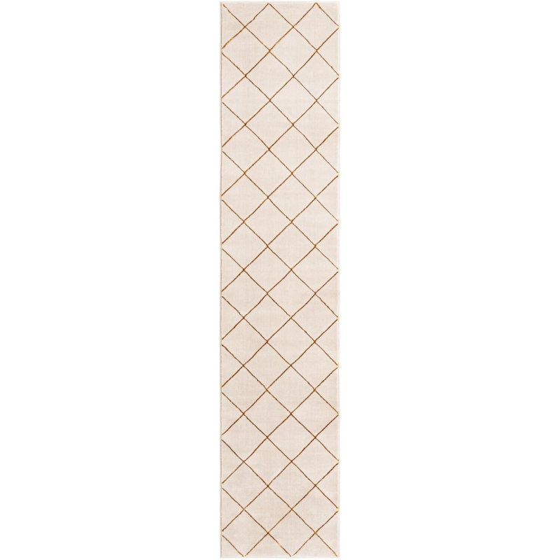 Tapis contemporain blanc et doré Etowah, Tapis de couloir 2 pi 7 po x 12 pi