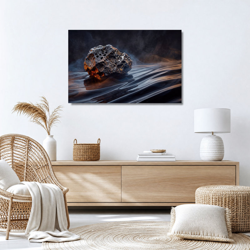 Tableau sur toile représentant une roche volcanique incandescente dans l'eau sombre, 16"H x 24"W