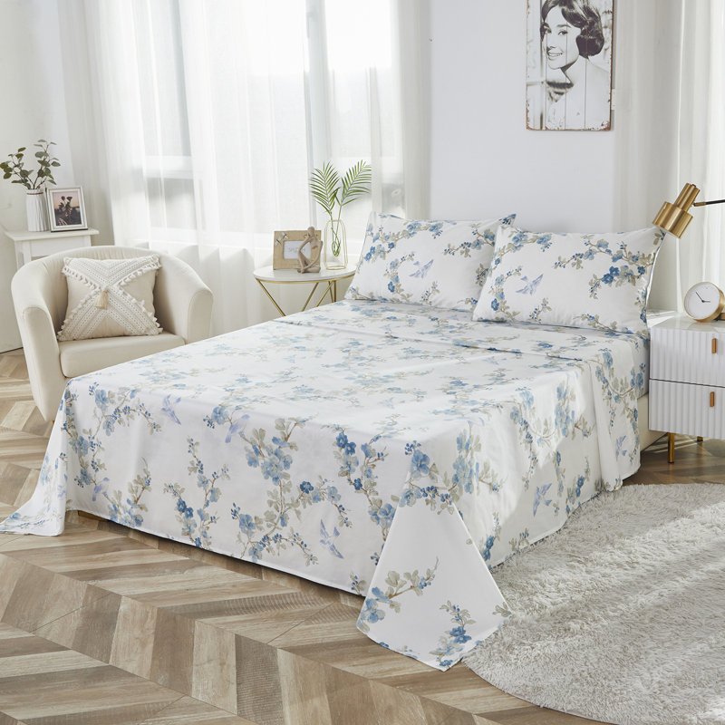 Ensemble de draps 100 % coton égyptien, 4 pièces, 800 fils, motif floral aquarelle bleu de luxe, pour chambre à coucher, chambre d'amis, dortoir étudiant, toutes saisons