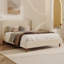 Lit plateforme tapissier moderne en velours beige avec tête de lit à oreilles et pieds en bois de noyer-636167633-636167647