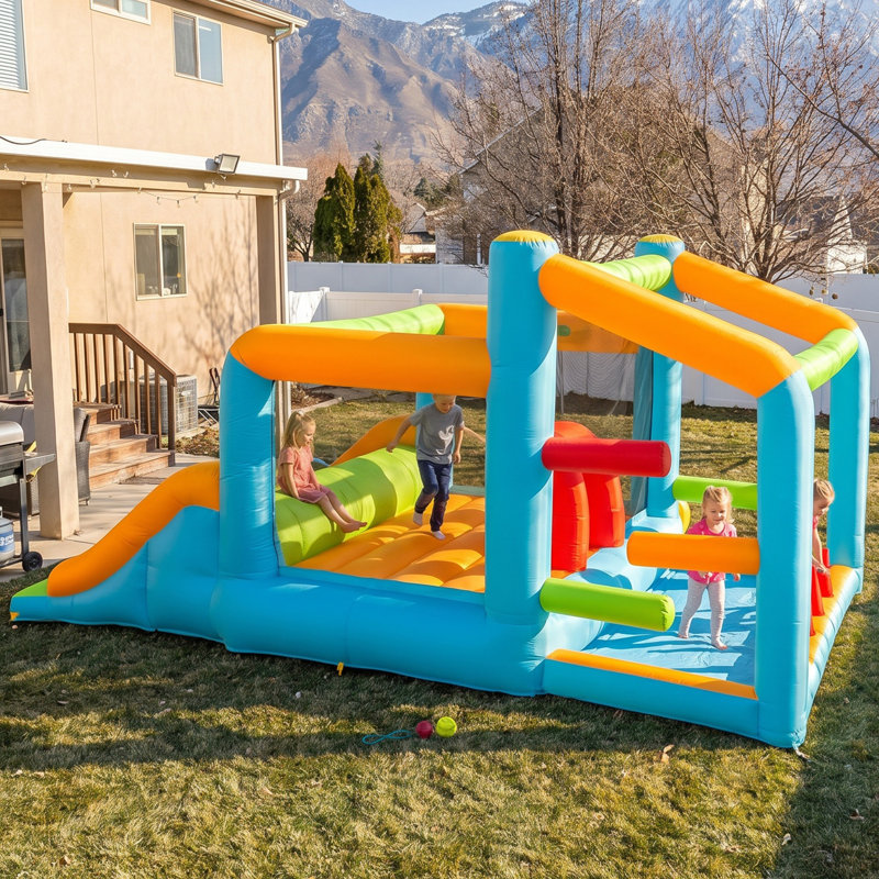Château gonflable gonflable extérieur 9-en-1 de 16 pi x 11,5 pi avec souffleur 750 W Adam, piscine à boules, jeu de fléchettes, anneau de lancer, sac de boxe, parcours d'obstacles intérieur / extérieur