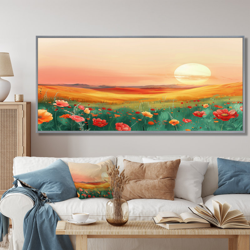 «Flower Meadows At Sunset II - Landscape Mountains», art mural, H 28 po x l 60 po x P 1,5 po, Encadrement argenté