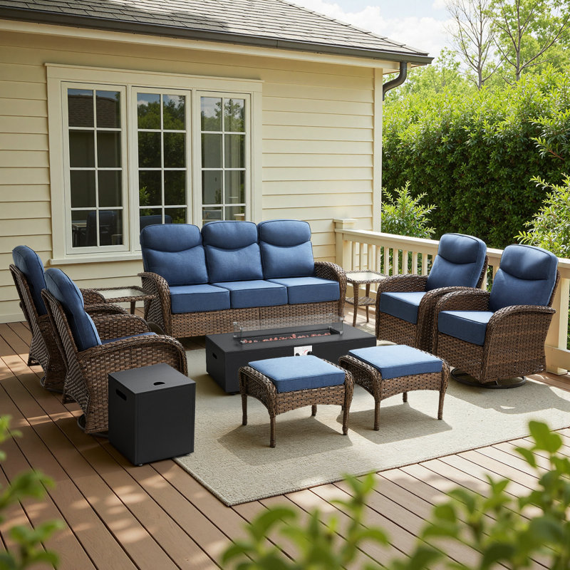 7-9 Person Outdoor Family Nighttime Chat Sofa Conversation Set With Ottomans And Modular Fire Pit, Blue
