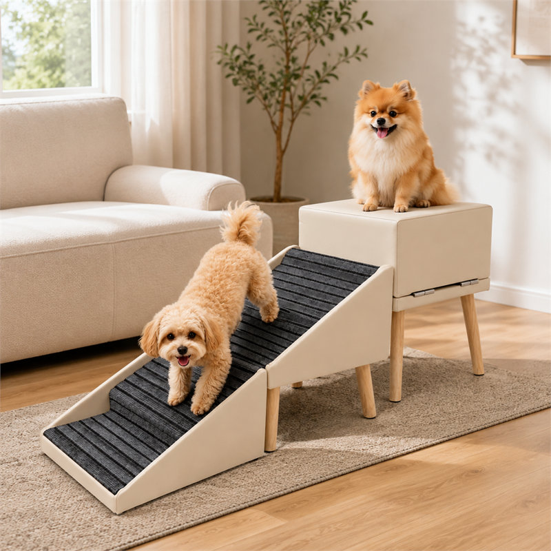 Rampe pour animaux de compagnie beige, résistante et douce pour la peau ; se replie pour un rangement peu encombrant ; sa conception à quatre marches combine un lit superposé pour chien, un canapé et un escalier.